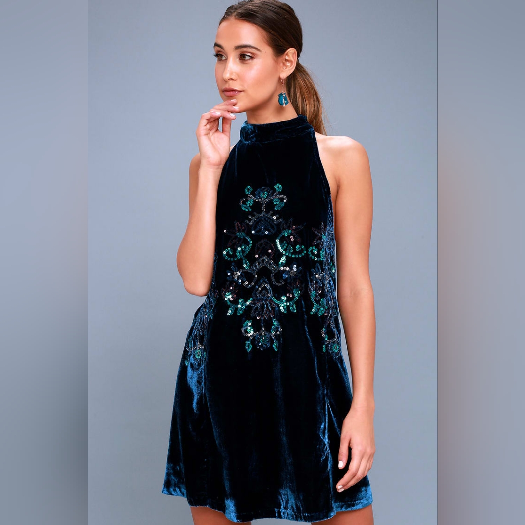 Free People - Jill's Navy Blue Velvet Sequin Swing Dress - Size S